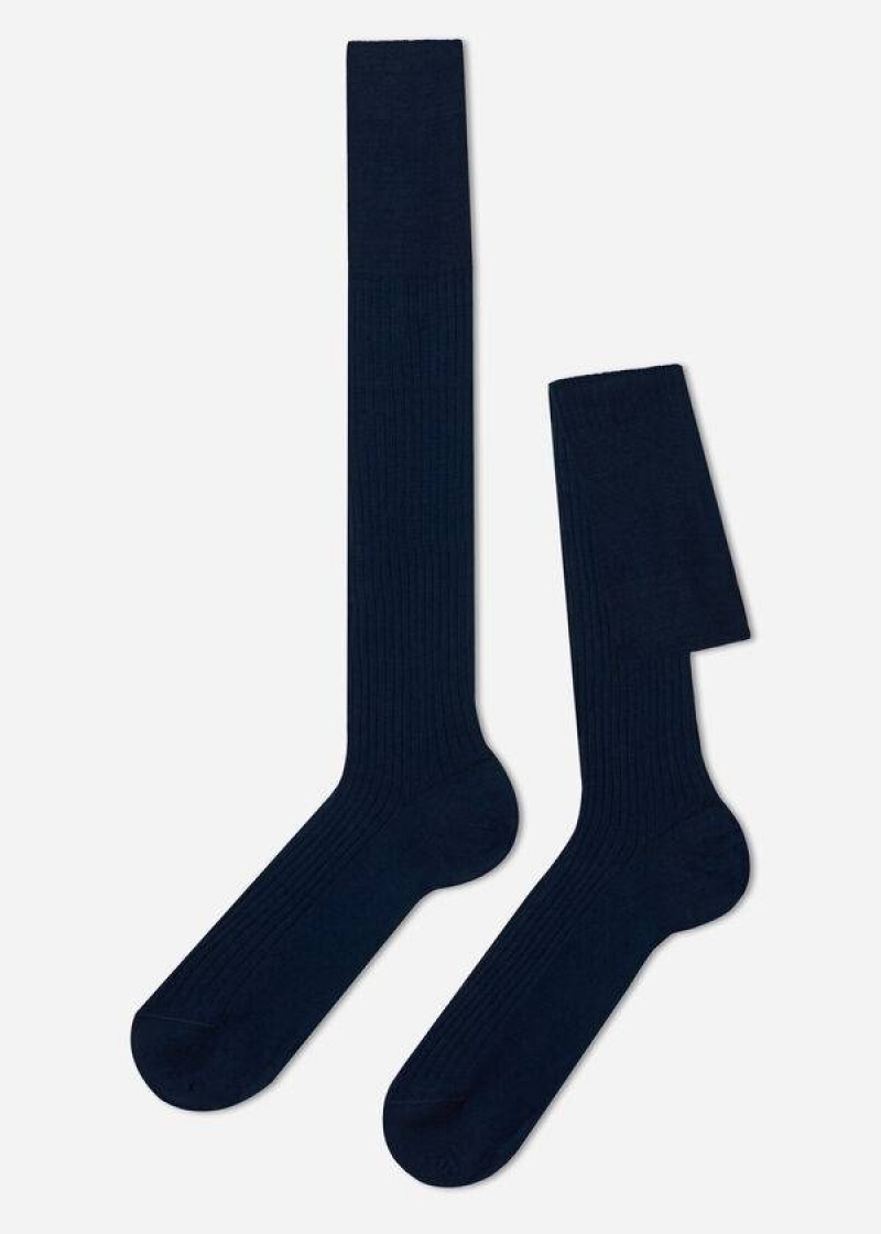 Calzedonia Lisle Thread Gerippt Long Socken Herren Navy | DE1437PQ