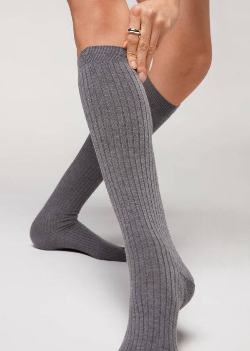 Calzedonia Long Gerippt Cashmere Socken Damen Grau | DE1947MA