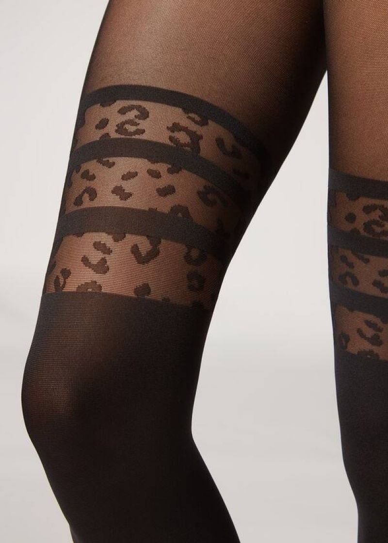 Calzedonia Longuette-Effect Animal-Print Patterned Strumpfhose Damen Schwarz | DE3081WY