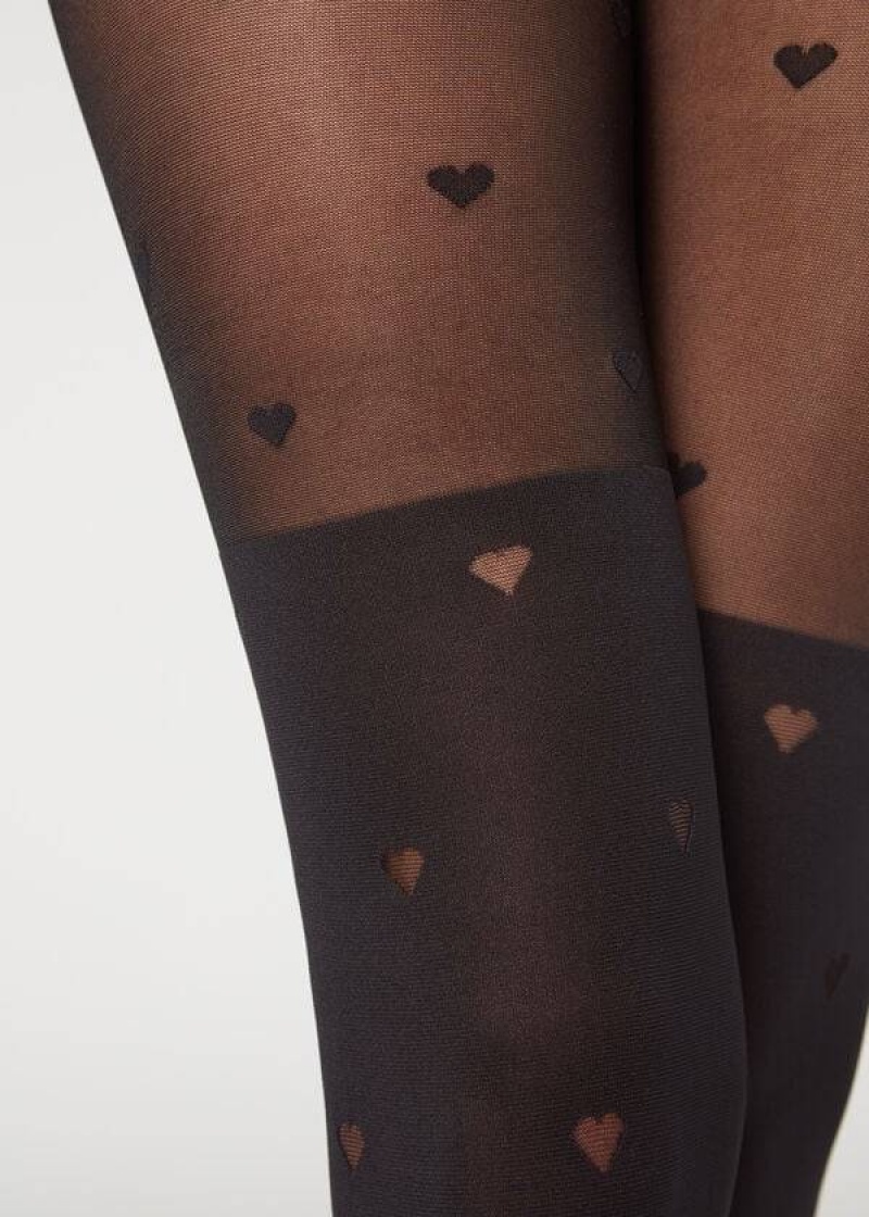 Calzedonia Longuette-Effect Mini Heart-Motif Patterned Strumpfhose Damen Schwarz | DE3080EX