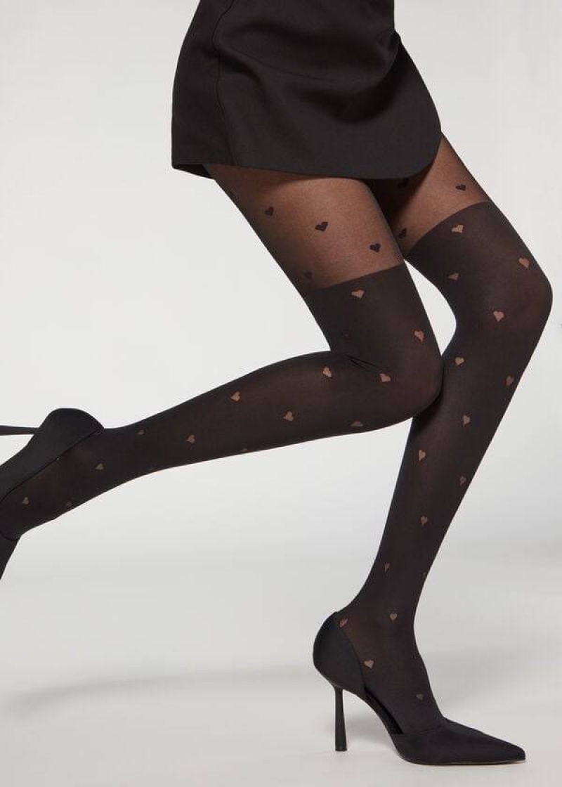 Calzedonia Longuette-Effect Mini Heart-Motif Patterned Strumpfhose Damen Schwarz | DE3080EX