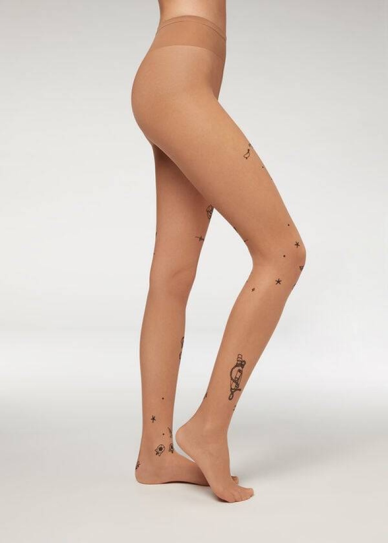 Calzedonia Marine Tattoo 20 Denier Sheer Patterned Strumpfhose Damen Beige | DE3075IS