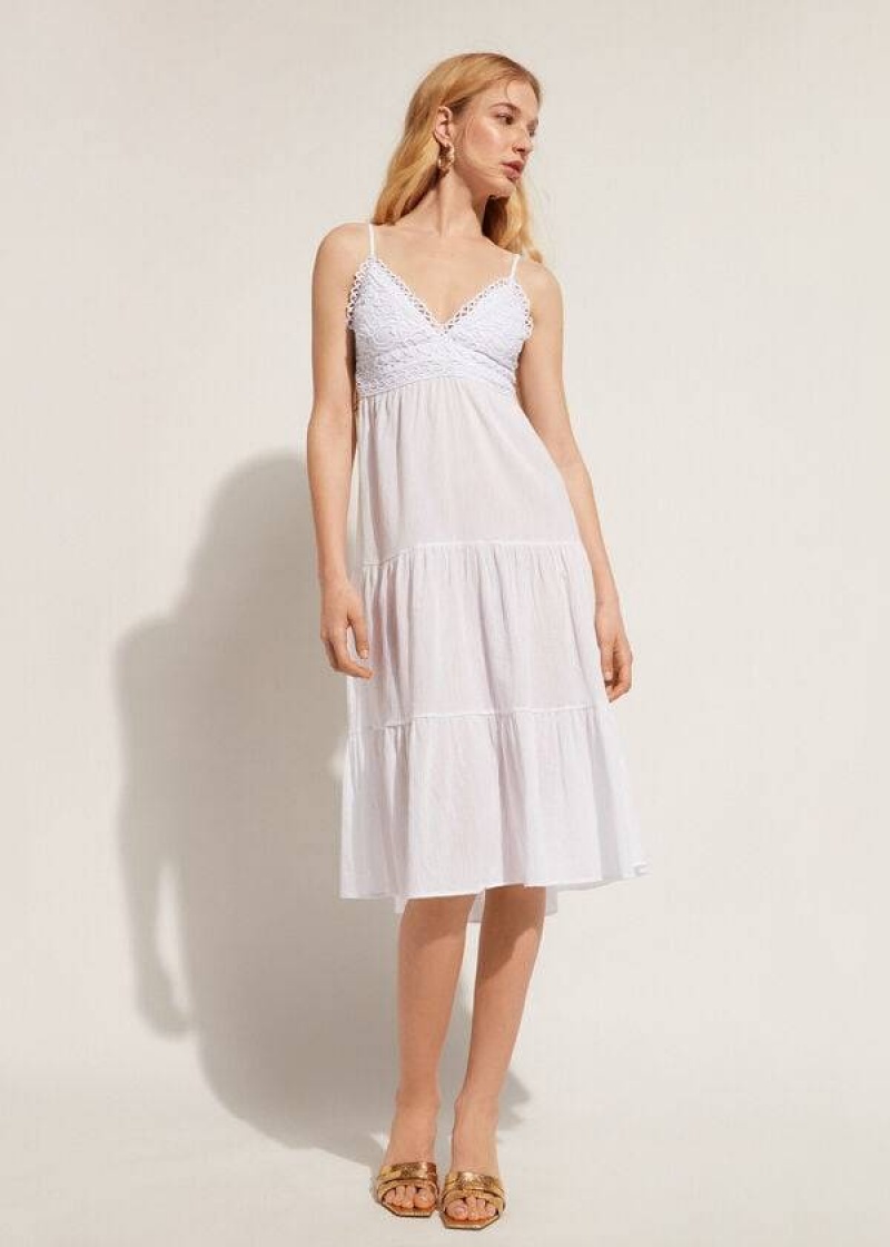 Calzedonia Midi Kleider in Macramé Spitze and Ruffled Skirt Cover-Ups Damen Weiß | DE2087PQ