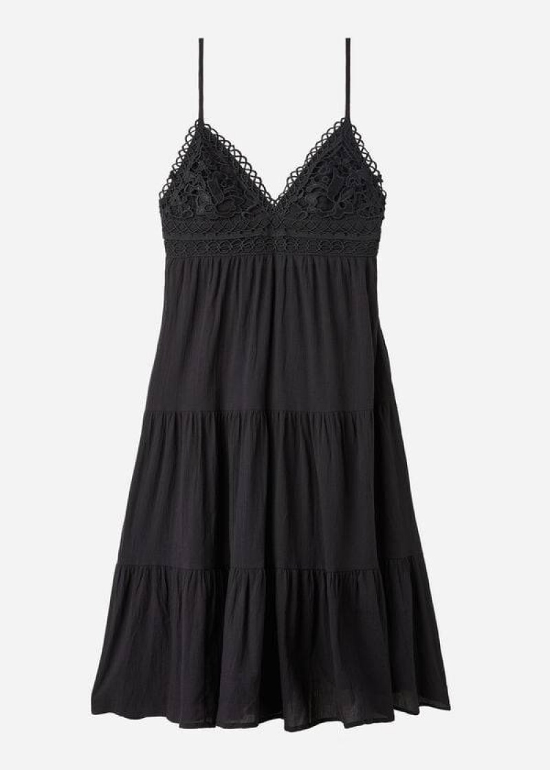 Calzedonia Midi Kleider in Macramé Spitze and Ruffled Skirt Cover-Ups Damen Schwarz | DE2086OR