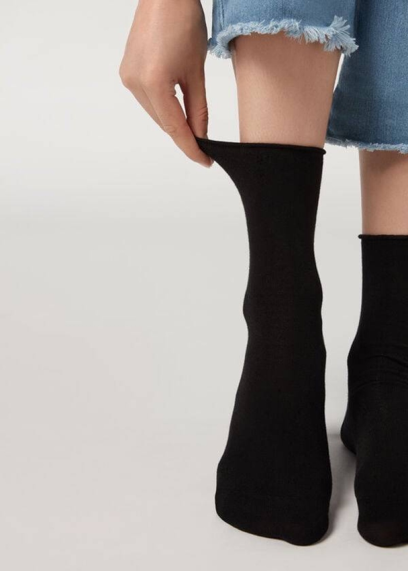 Calzedonia Non-Elastic Baumwoll Ankle Kurzes Socken Damen Schwarz | DE1734XF