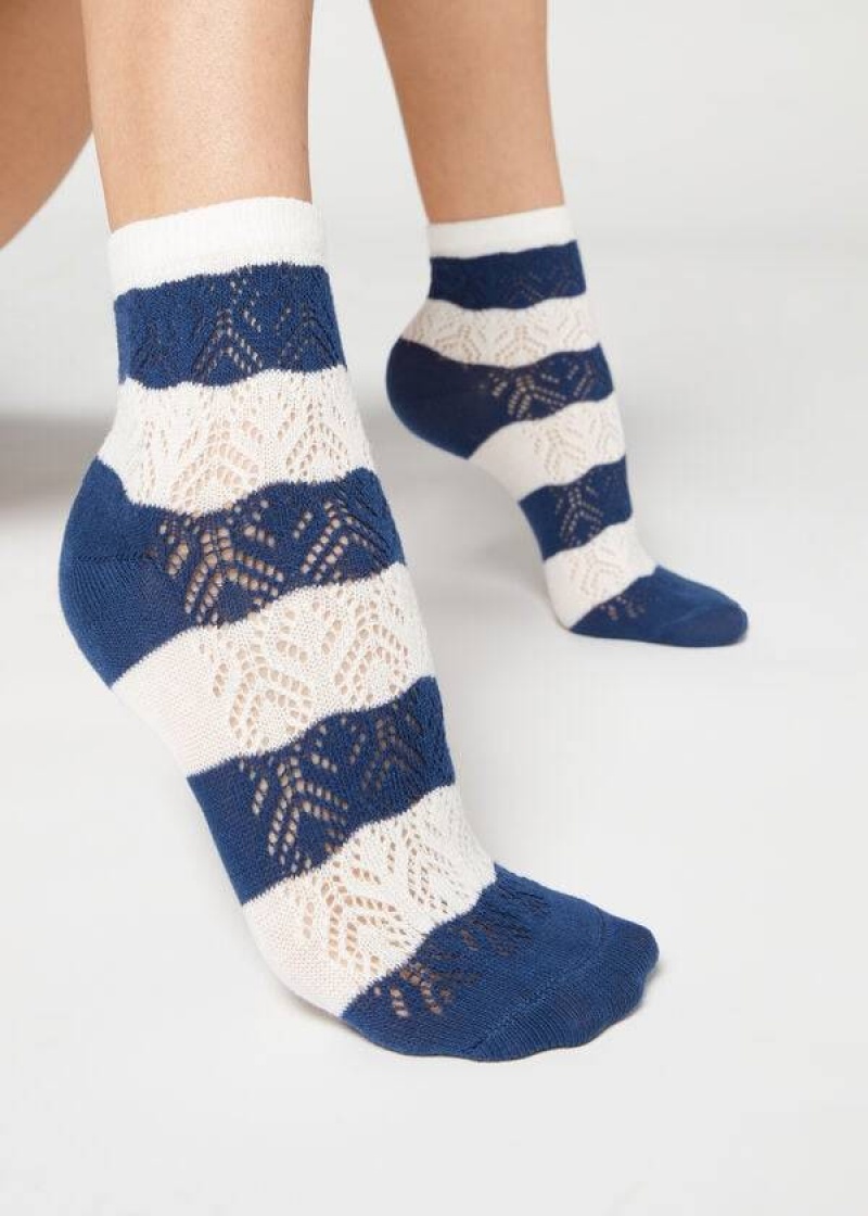 Calzedonia Openwork and Gestreift Kurzes Socken Damen Blau | DE1728GL