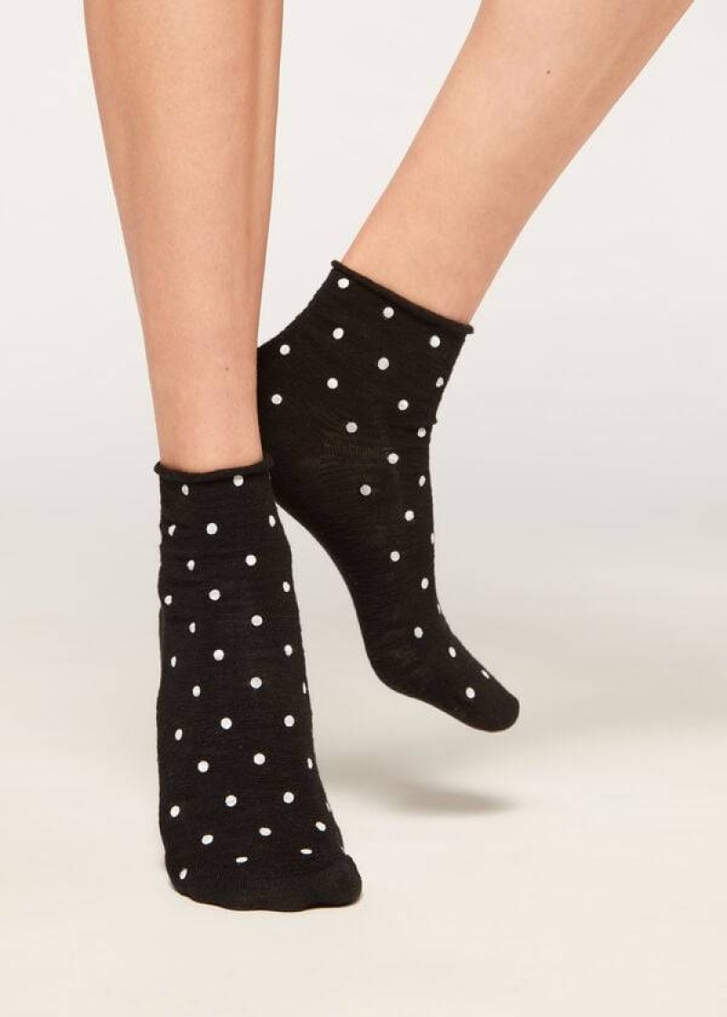 Calzedonia Polka Dot Motif Kurzes with Linen Socken Damen Schwarz | DE1724AP