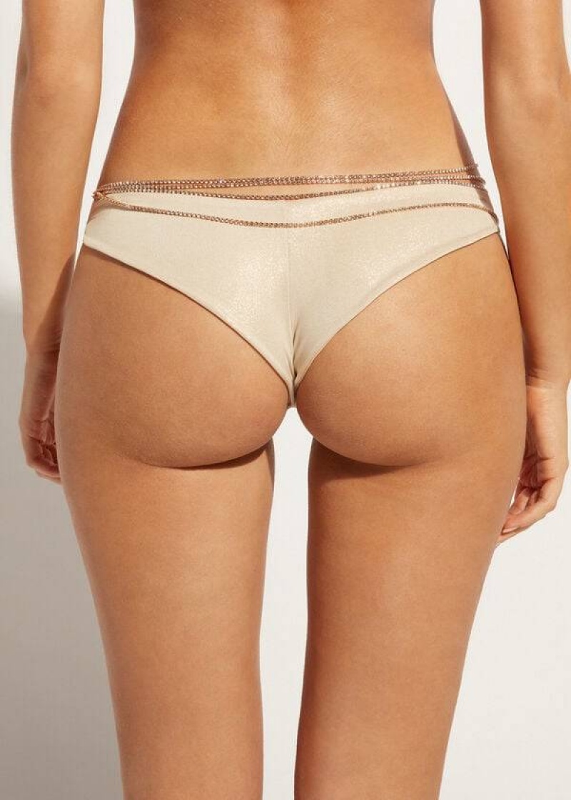 Calzedonia Rhinestone Brazilian Luxor Bikinihosen Damen Gold | DE2676UT