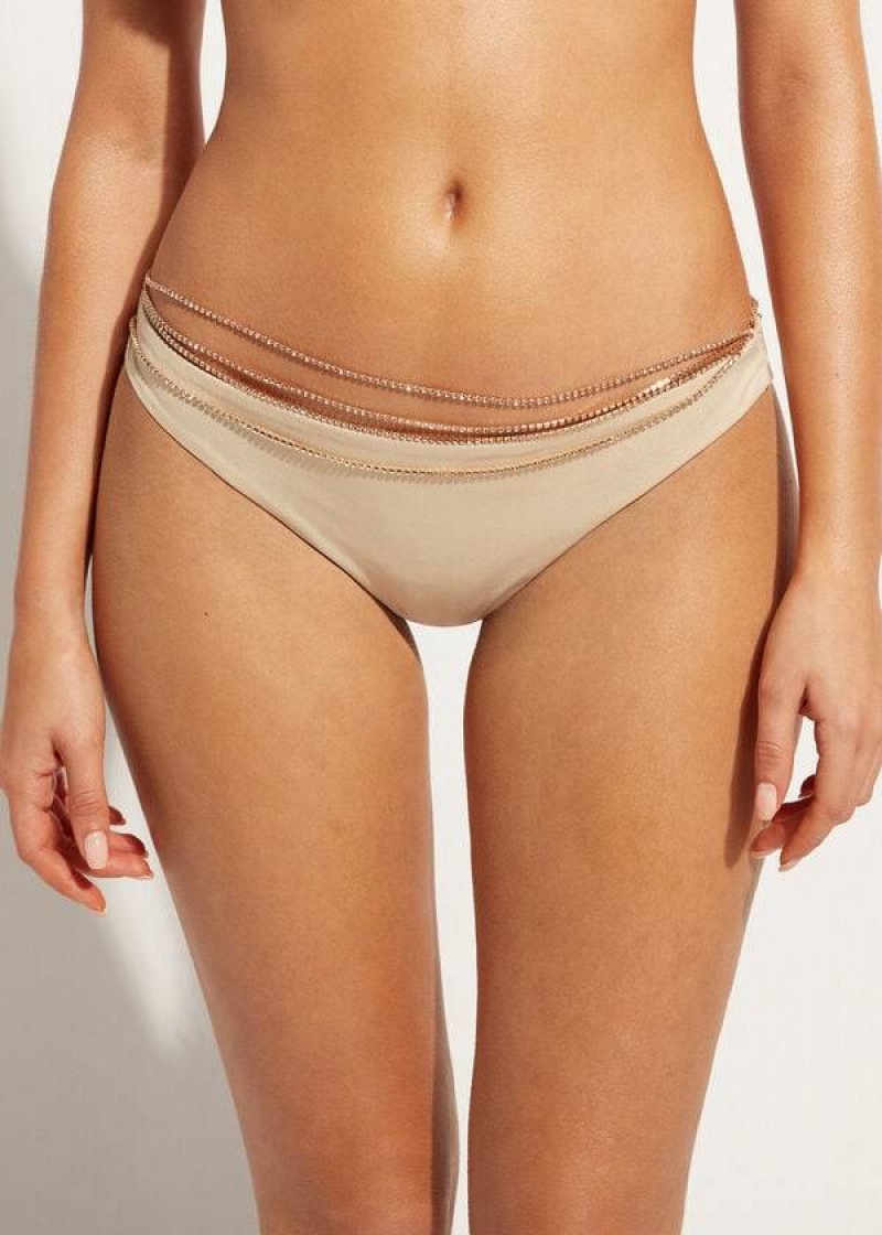 Calzedonia Rhinestone Brazilian Luxor Bikinihosen Damen Gold | DE2676UT