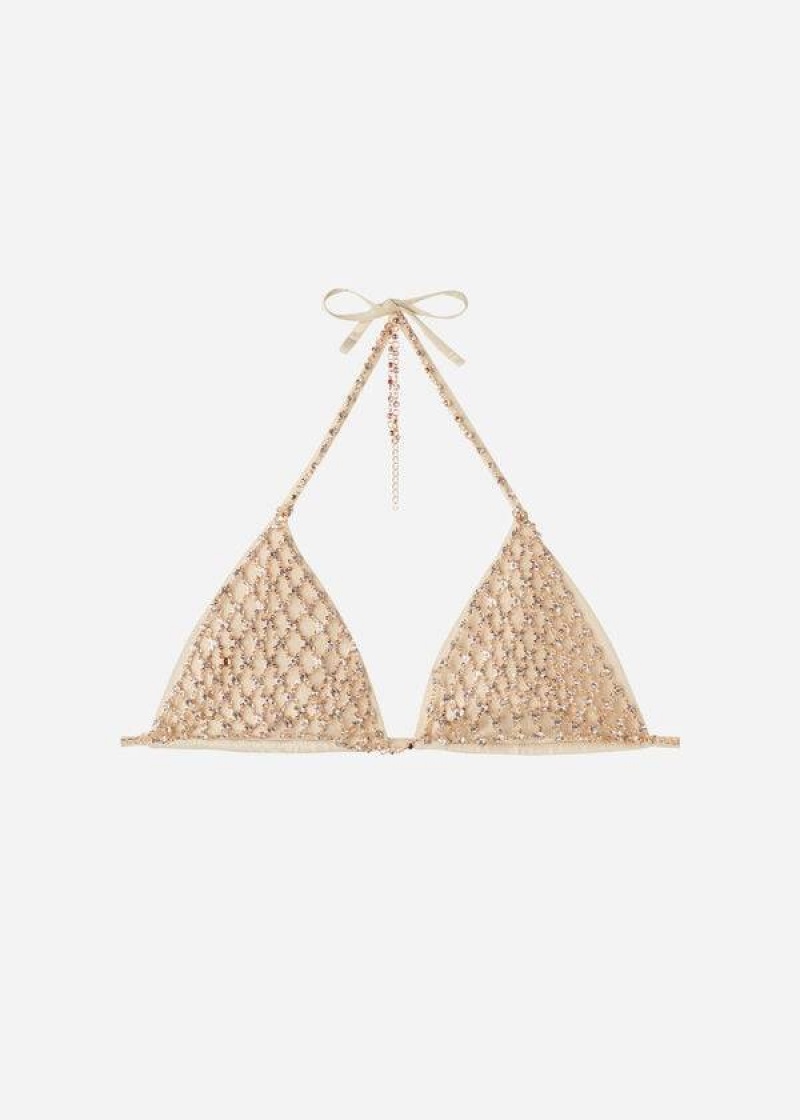 Calzedonia Rhinestone Triangle String Luxor Bikinioberteile Damen Gold | DE2233MA