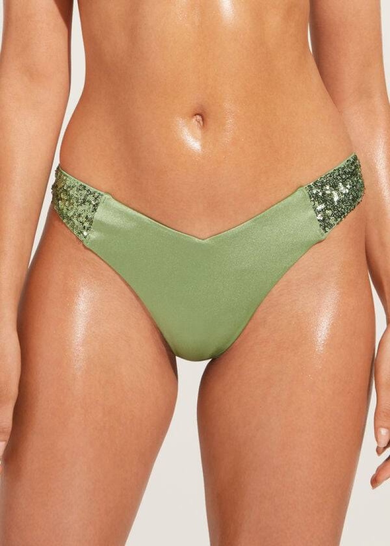 Calzedonia Sequined High-Cut Brazilian Cannes Bikinihosen Damen Grün | DE2647PQ