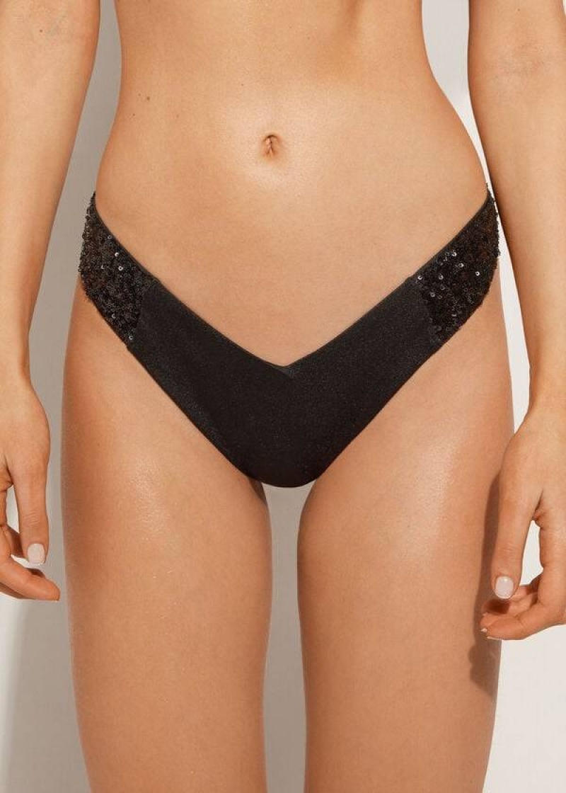 Calzedonia Sequined High-Cut Brazilian Cannes Cheeky Bikinihosen Damen Schwarz | DE2646AP