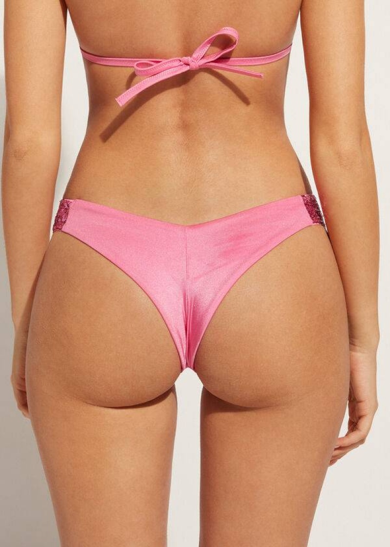 Calzedonia Sequined High-Cut Brazilian Cannes Cheeky Bikinihosen Damen Rosa | DE2645SO