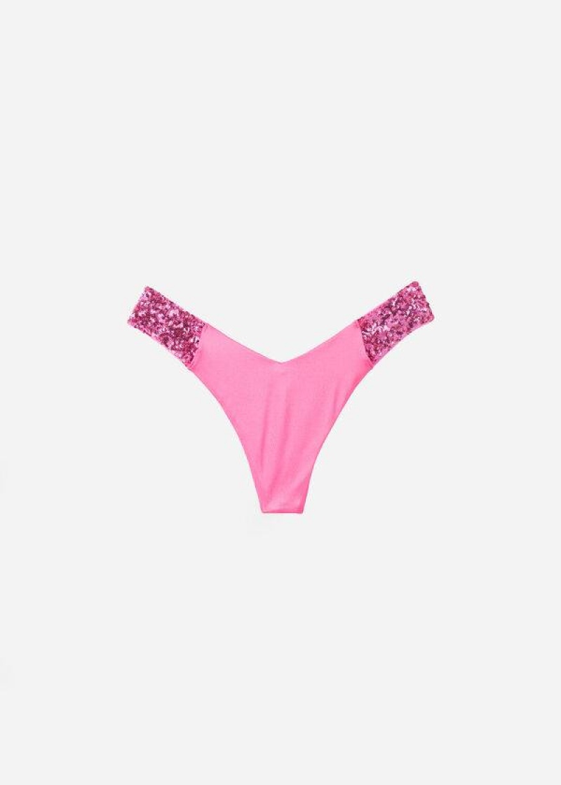 Calzedonia Sequined High-Cut Brazilian Cannes Cheeky Bikinihosen Damen Rosa | DE2645SO