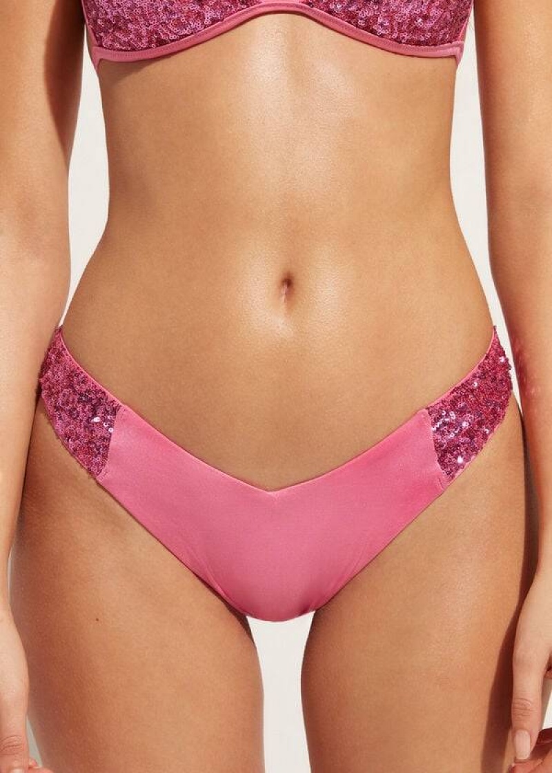 Calzedonia Sequined High-Cut Brazilian Cannes Cheeky Bikinihosen Damen Rosa | DE2645SO