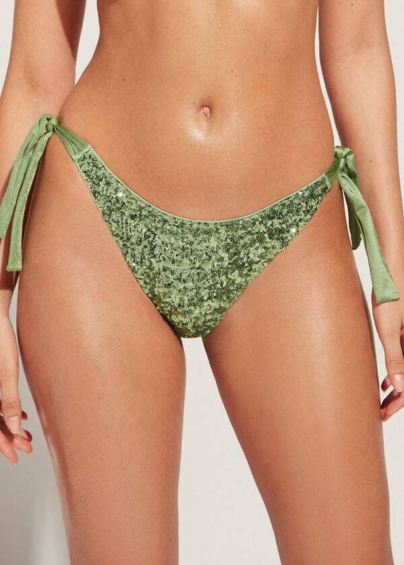 Calzedonia Sequined Side-Tie Cannes Bikinihosen Damen Grün | DE2643FM