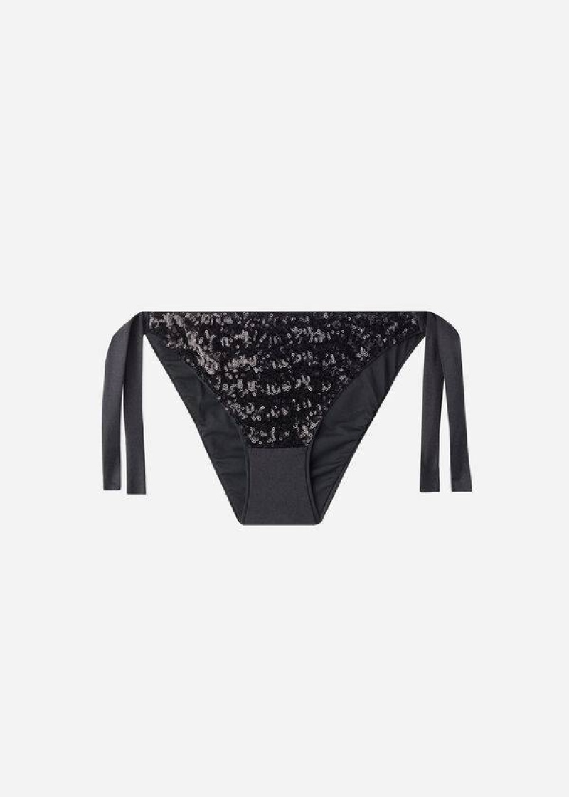 Calzedonia Sequined Side-Tie Cannes Bikinihosen Damen Schwarz | DE2642GL