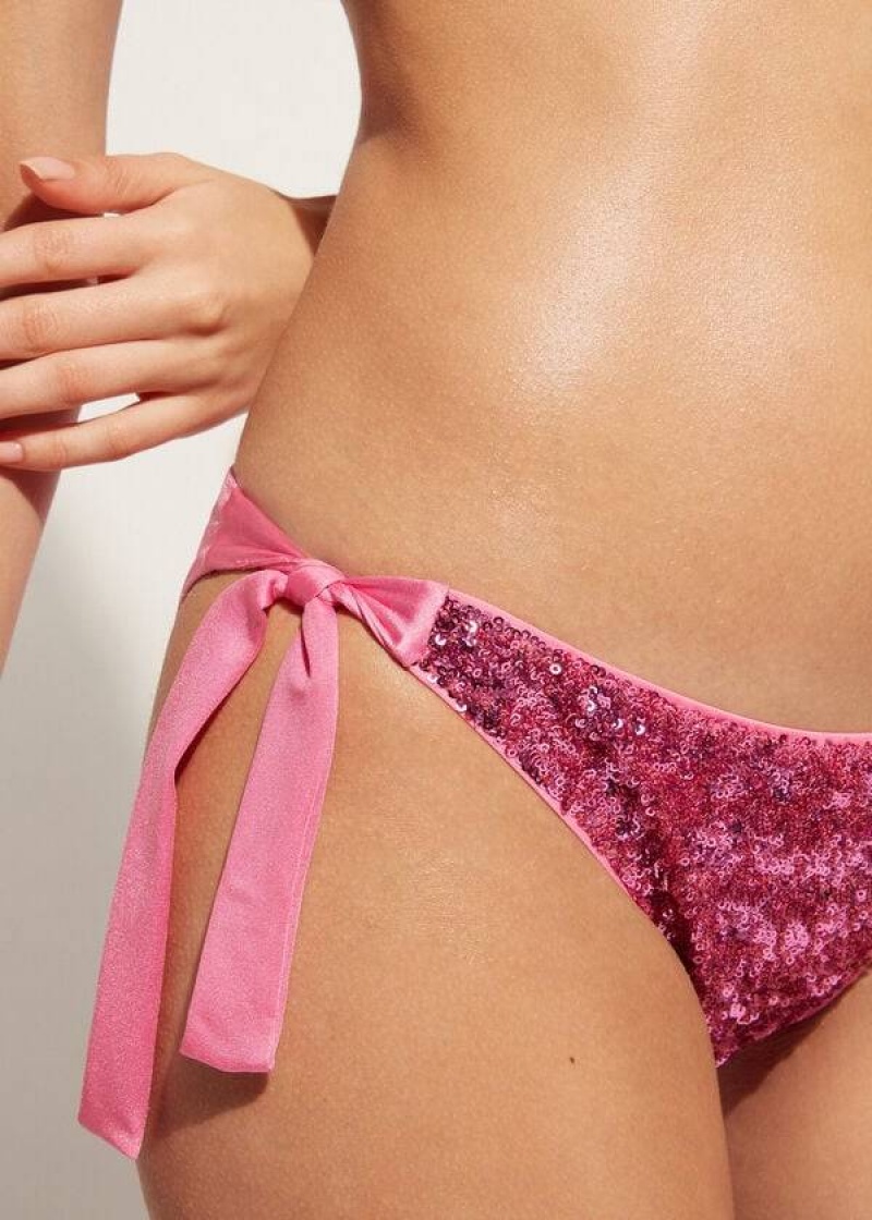 Calzedonia Sequined Side-Tie Cannes Bikinihosen Damen Rosa | DE2641HK