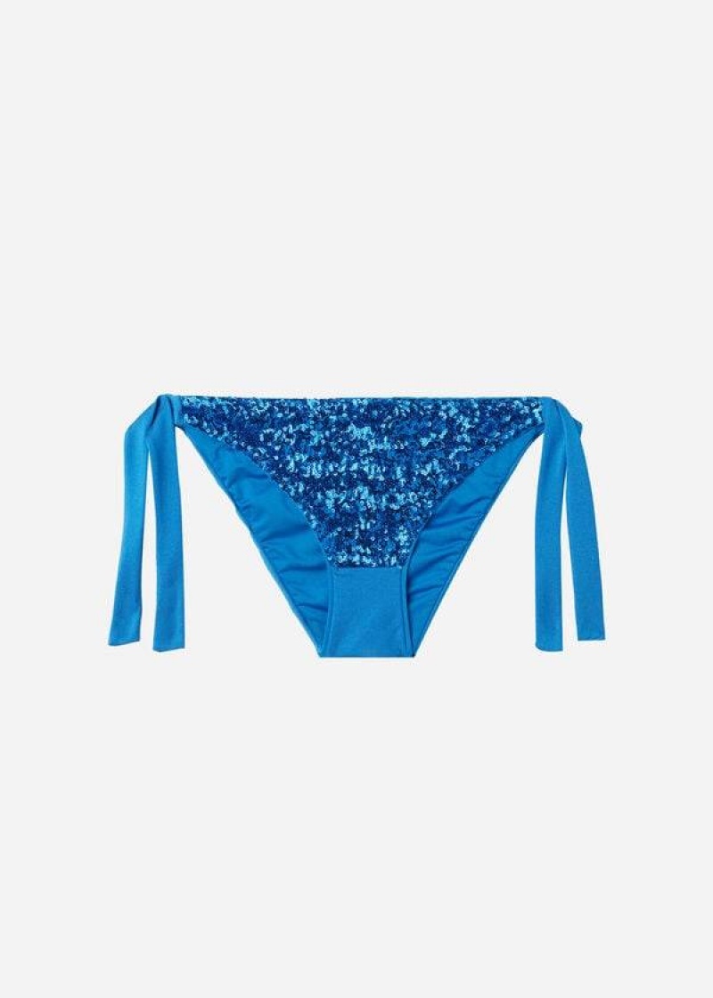 Calzedonia Sequined Side-Tie Cannes Bikinihosen Damen Blau | DE2640NB