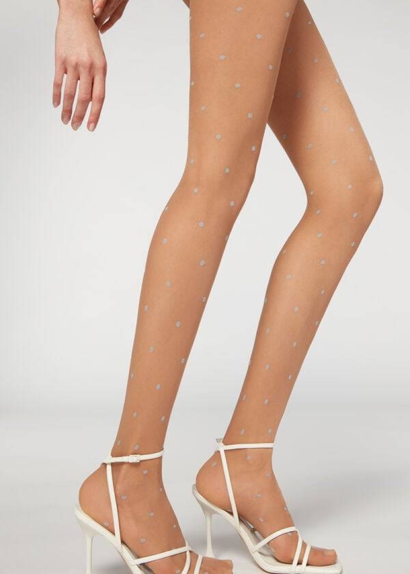 Calzedonia Sheer 30 Denier All-Over Polka-Dot Patterned Strumpfhose Damen Beige | DE3062EX