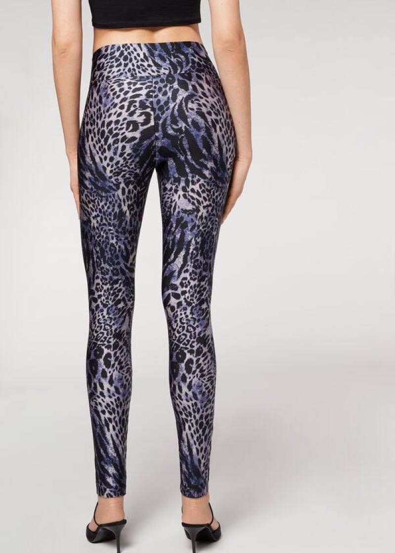 Calzedonia Shiny Animal-Print Turn Leggings Damen Blau Grau | DE1511YU