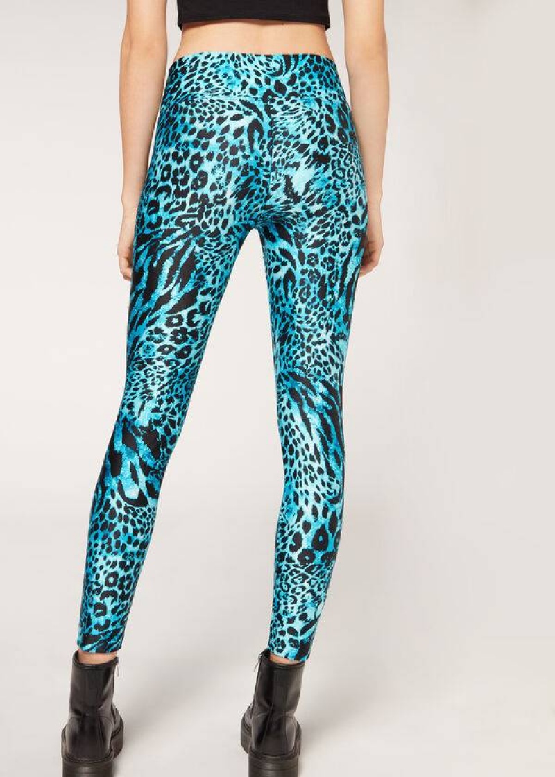 Calzedonia Shiny Animal-Print Turn Leggings Damen Türkis | DE1510TV