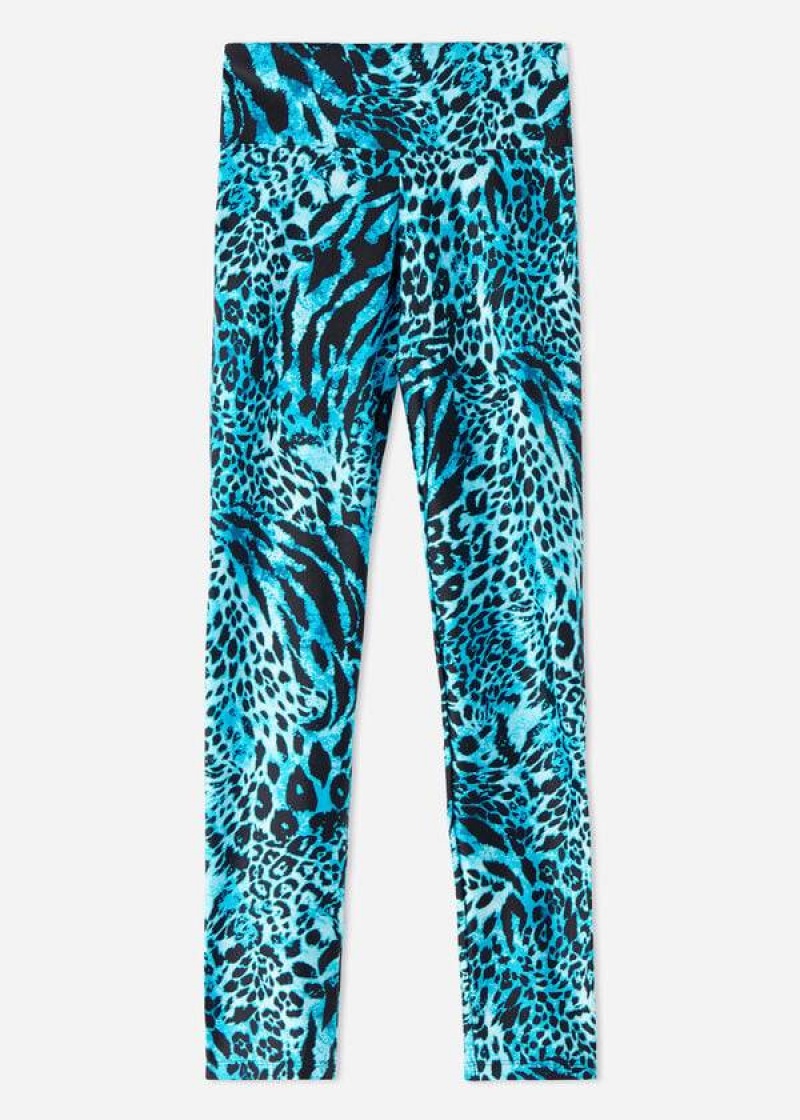 Calzedonia Shiny Animal-Print Turn Leggings Damen Türkis | DE1510TV