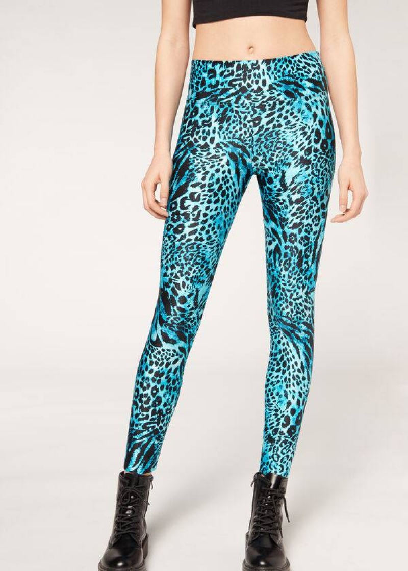 Calzedonia Shiny Animal-Print Turn Leggings Damen Türkis | DE1510TV