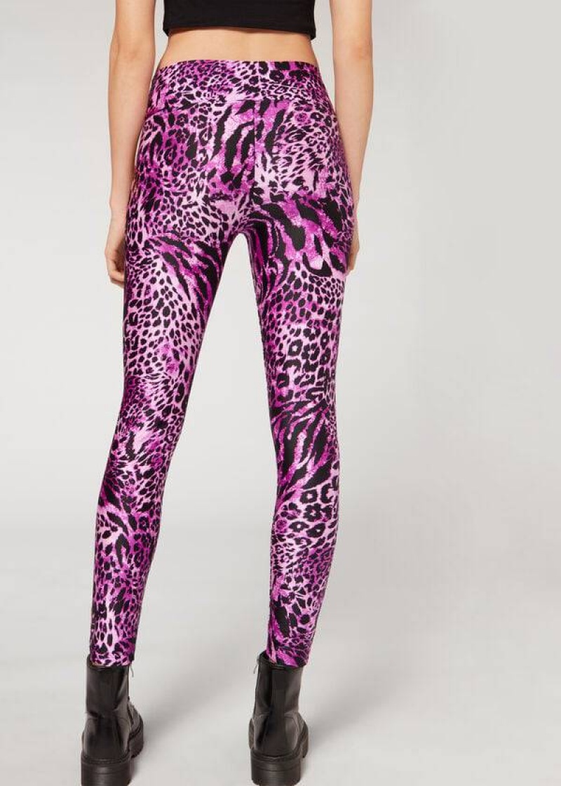 Calzedonia Shiny Animal-Print Turn Leggings Damen Rosa | DE1509RW