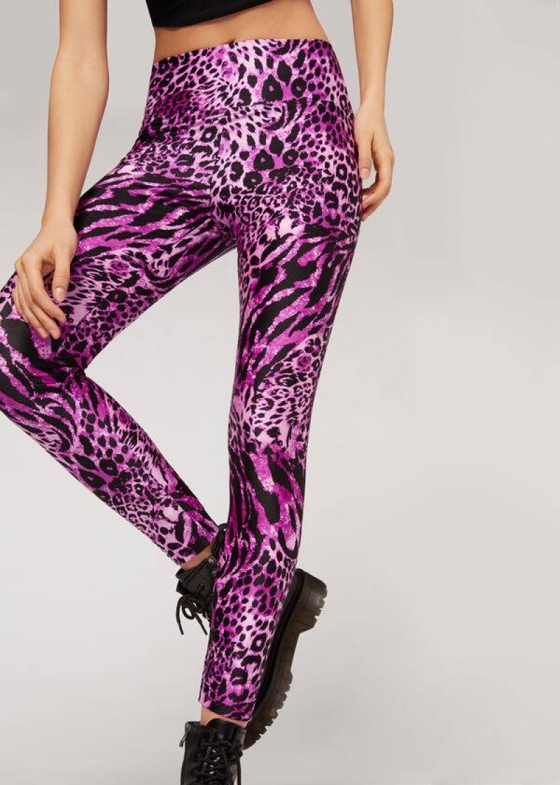 Calzedonia Shiny Animal-Print Turn Leggings Damen Rosa | DE1509RW