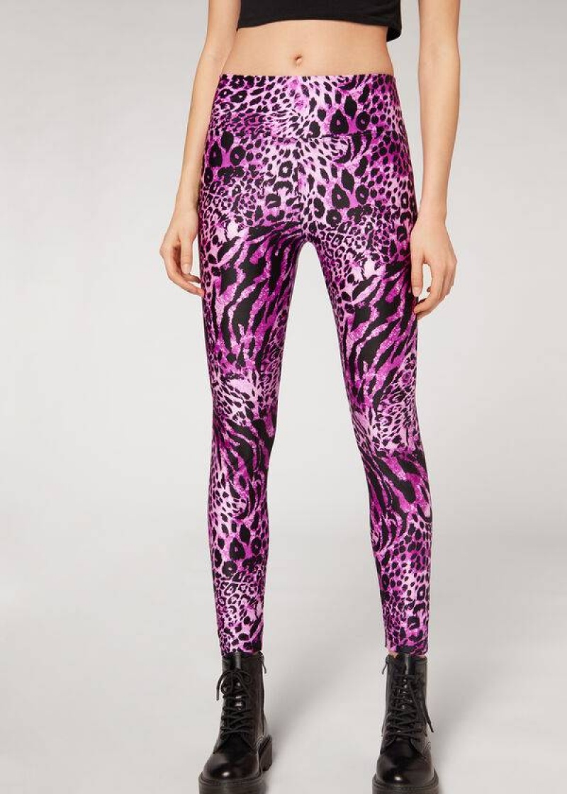 Calzedonia Shiny Animal-Print Turn Leggings Damen Rosa | DE1509RW