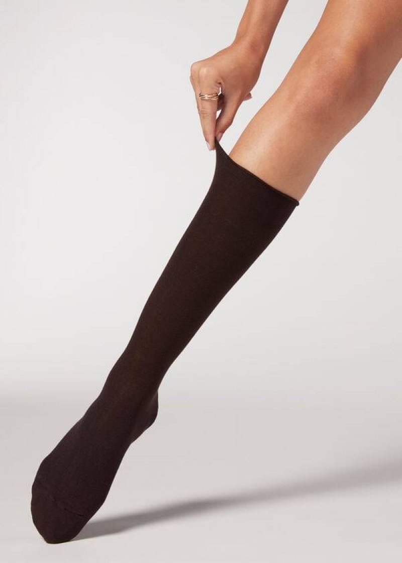 Calzedonia Smooth Baumwoll Mid-Calf Long Socken Damen Kaffee | DE1931PQ