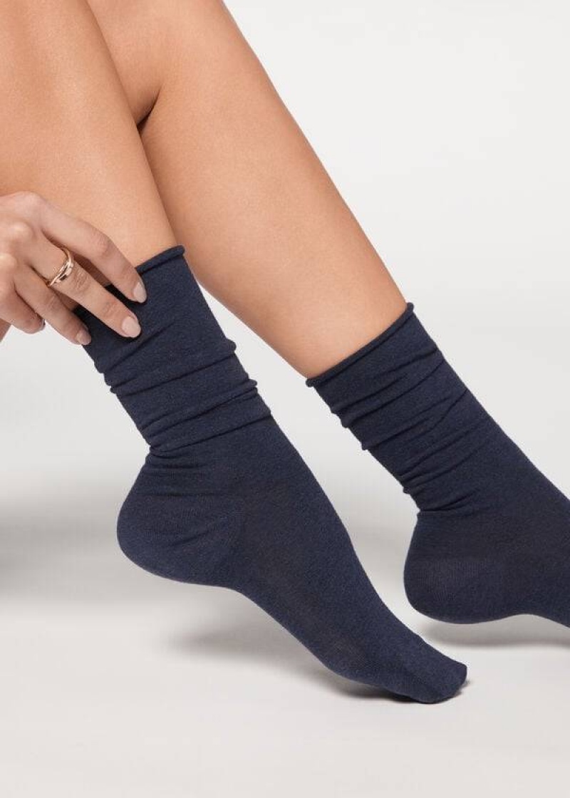 Calzedonia Smooth Baumwoll Mid-Calf Long Socken Damen Navy | DE1930OR