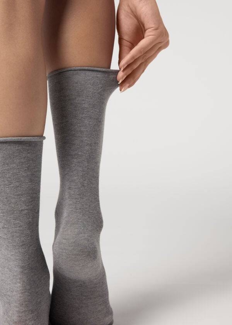 Calzedonia Smooth Baumwoll Mid-Calf Long Socken Damen Silber | DE1929IS