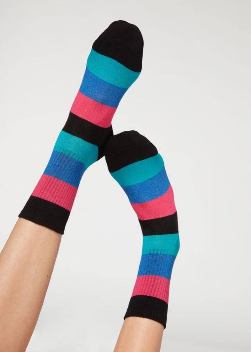 Calzedonia Stripe Patterned Kurzes Socken Damen Schwarz | DE1650GL