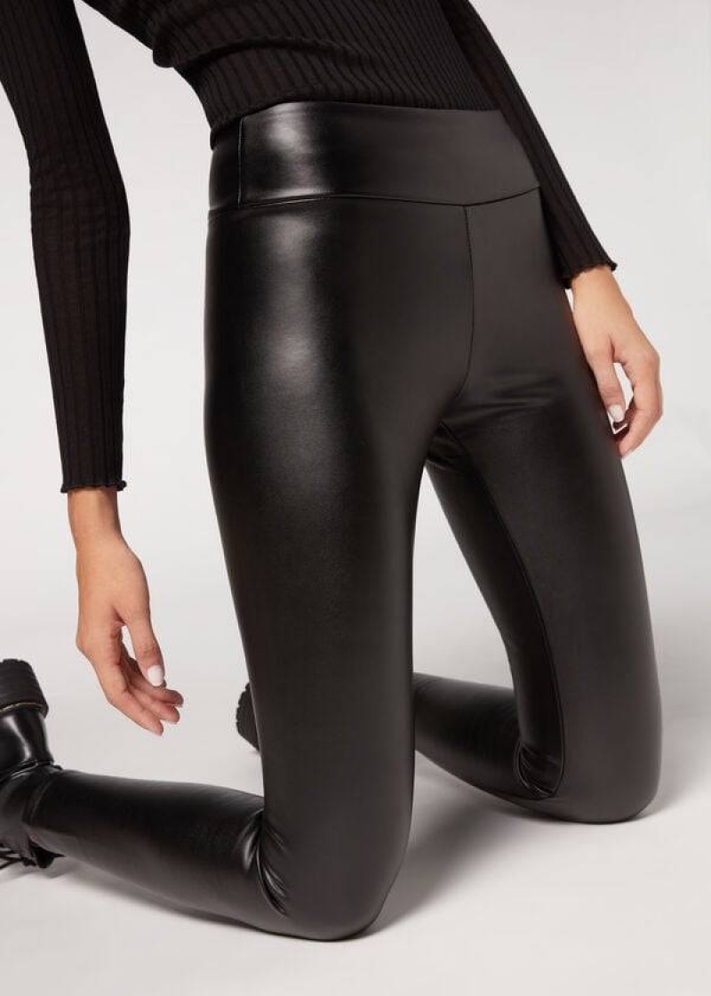 Calzedonia Thermal Leder Effect Leggings Damen Schwarz | DE1491SO