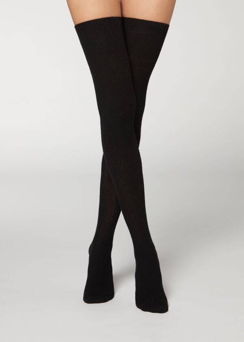 Calzedonia Thigh High Socks with Open Knit Wolle Stockings Damen Schwarz | DE2921WY