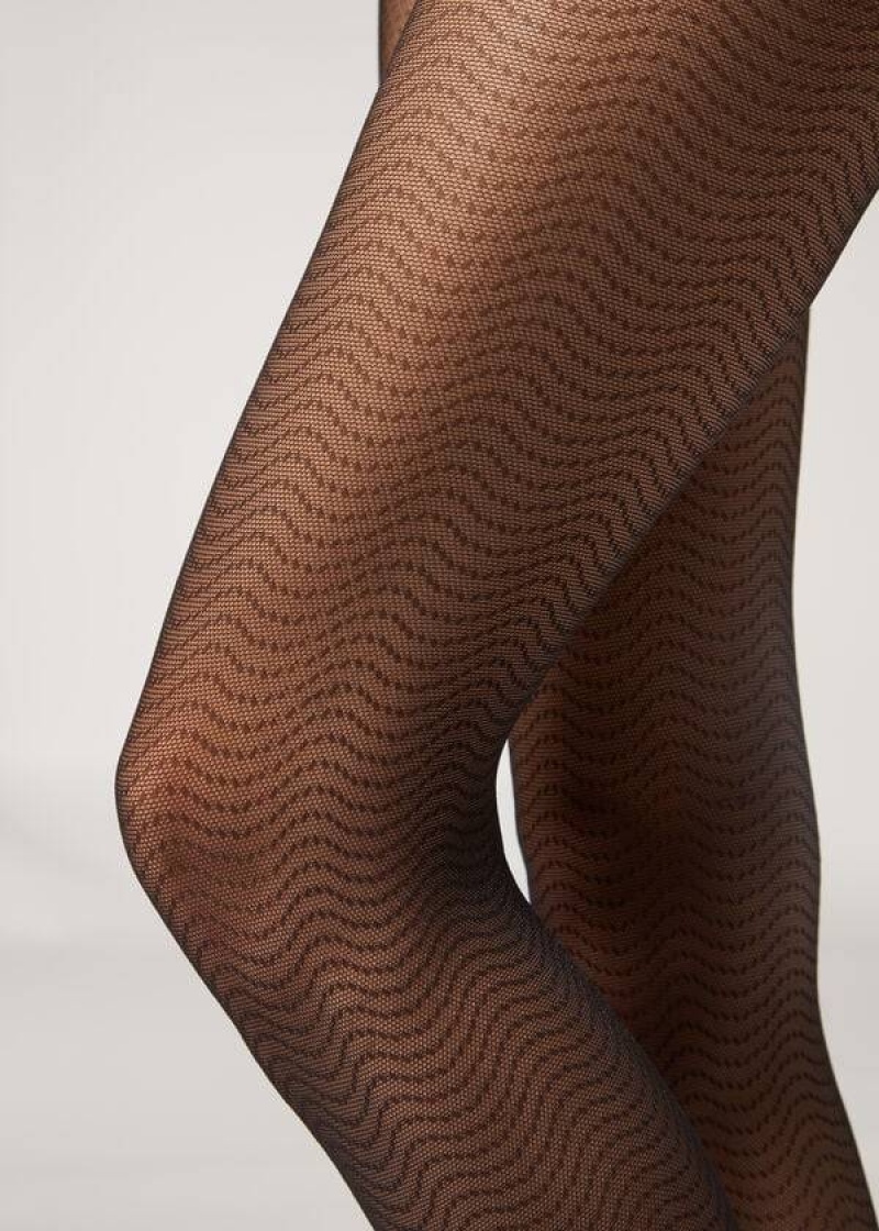 Calzedonia Wave-Motif Micronet Patterned Strumpfhose Damen Schwarz | DE3058UT