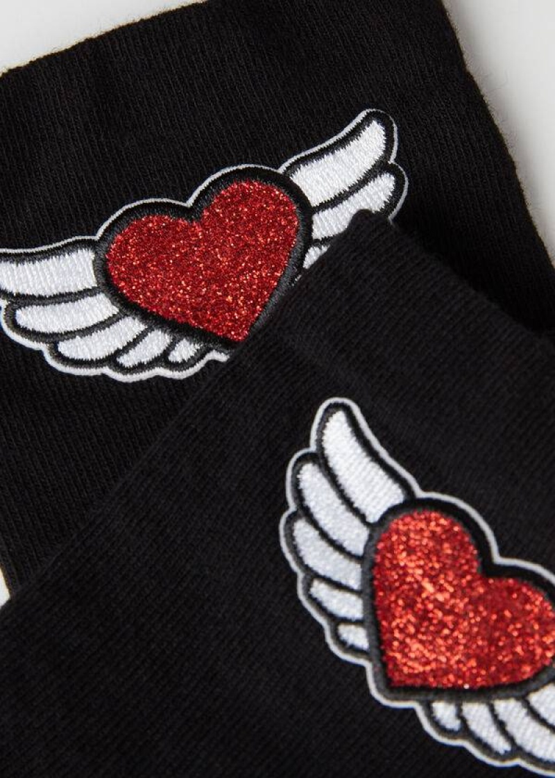 Calzedonia Winged Heart Appliqué Kurzes Socken Damen Schwarz | DE1634NB