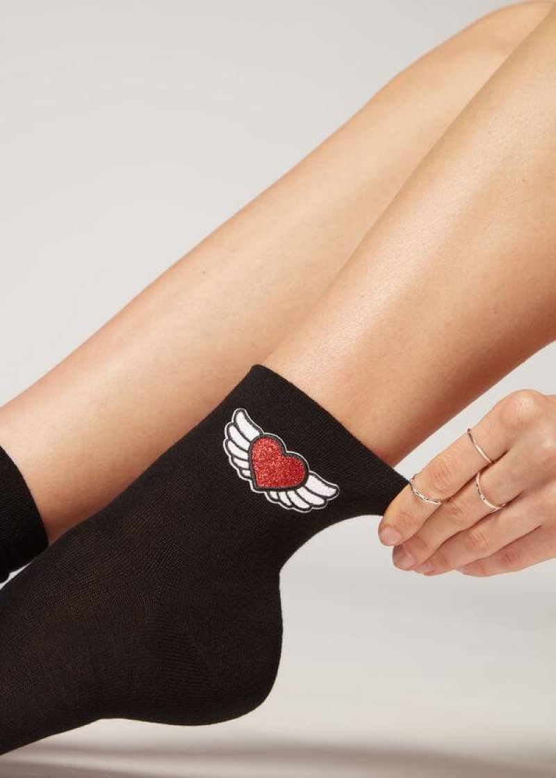 Calzedonia Winged Heart Appliqué Kurzes Socken Damen Schwarz | DE1634NB